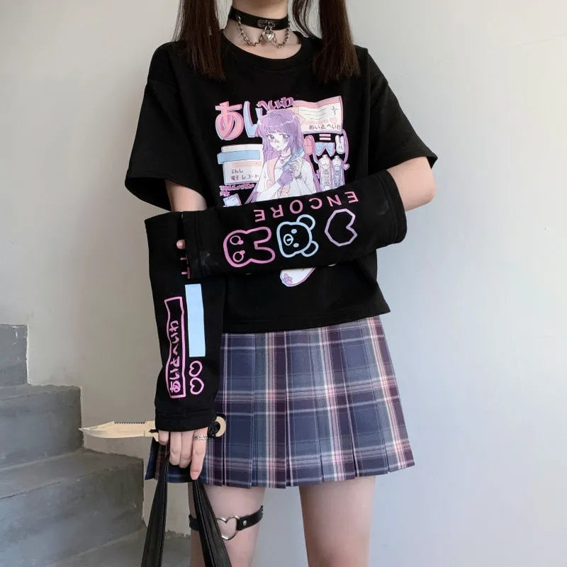 Graphic Anime T Shirt with Arm Covers